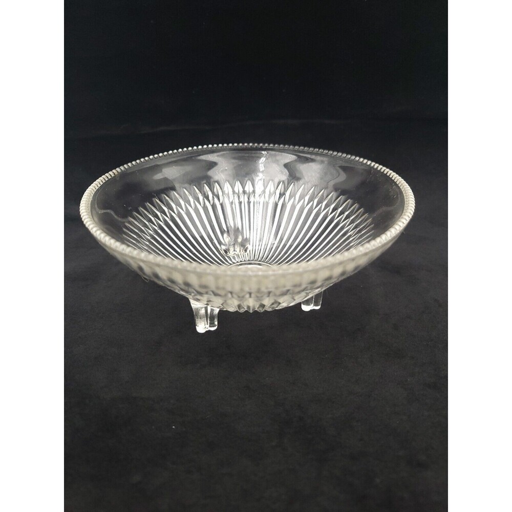 Vintage Jeanette Clear‎ Glass Elegant Candy Bowl Dish Three Footed Ribbed